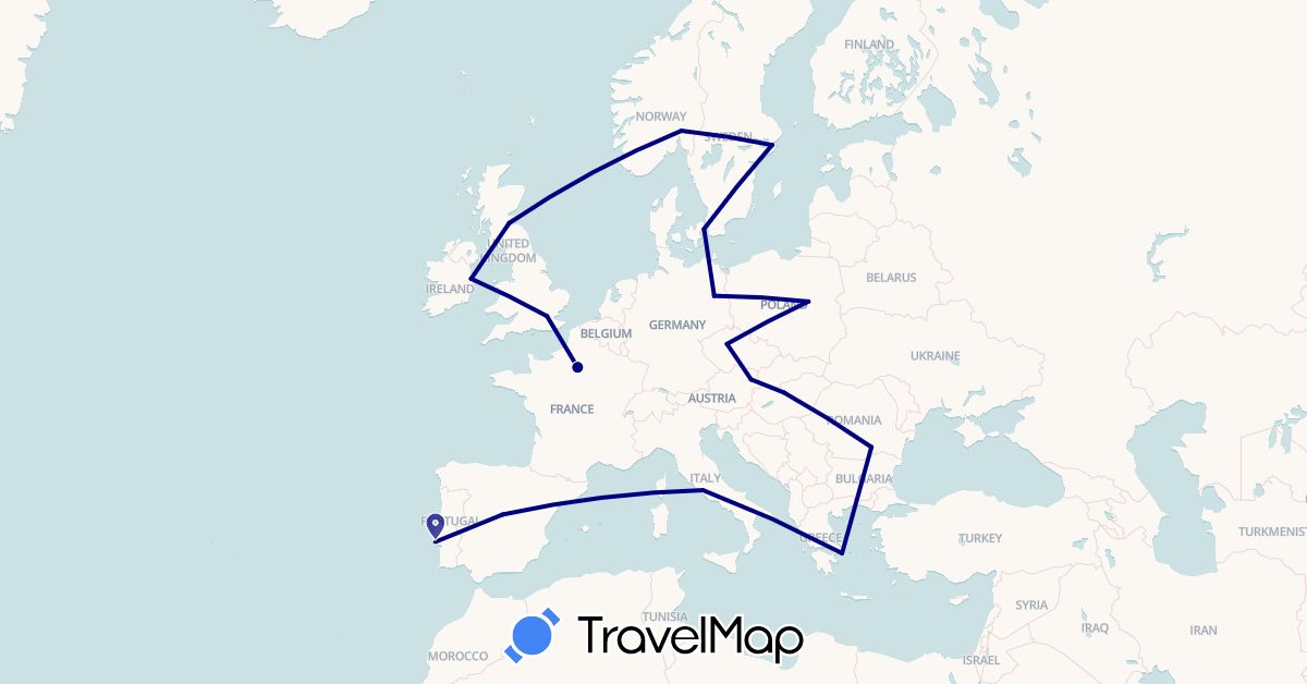 TravelMap itinerary: driving in Austria, Czech Republic, Germany, Denmark, Spain, France, United Kingdom, Greece, Hungary, Ireland, Italy, Norway, Poland, Portugal, Romania, Sweden (Europe)